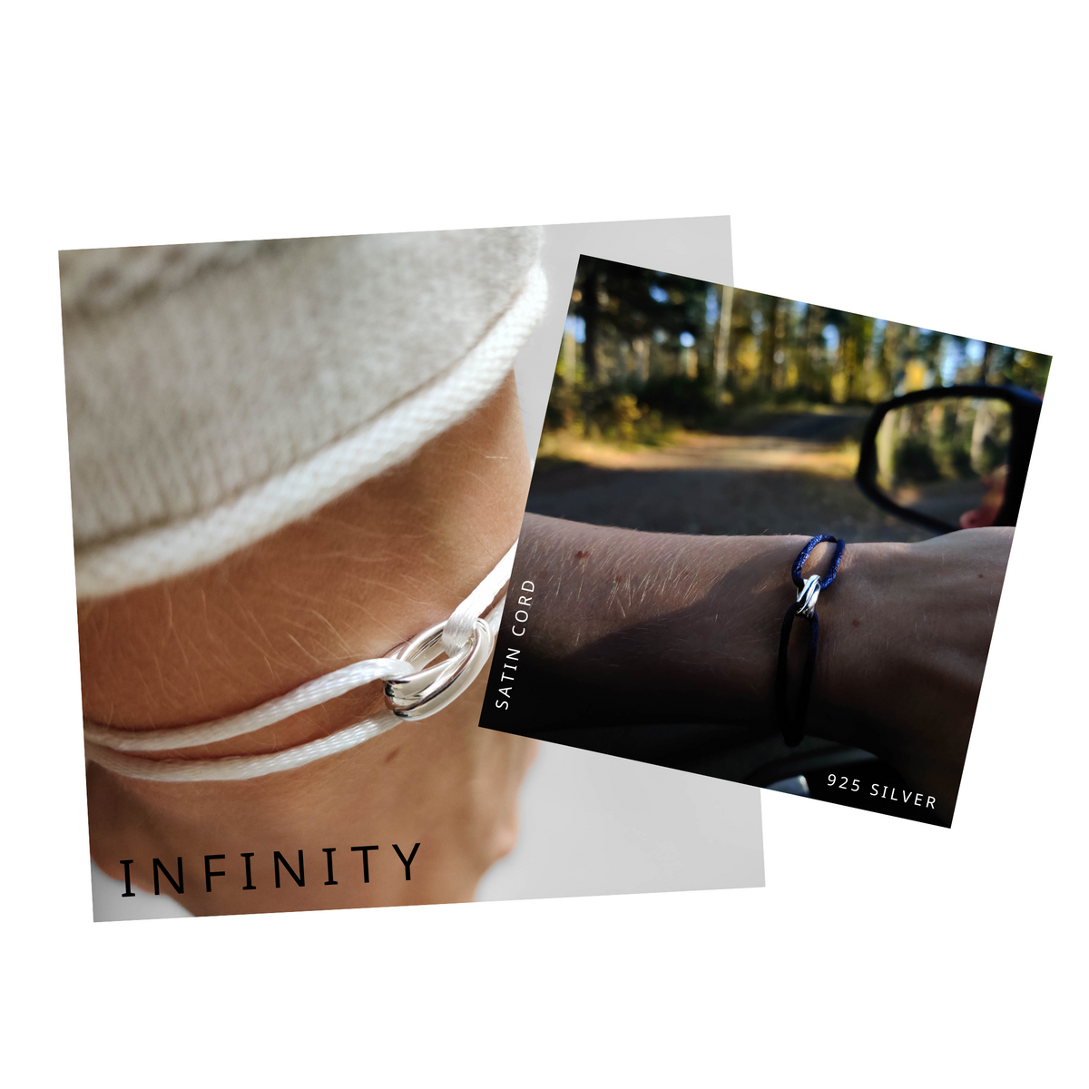 Infinity-armband med vitt och marinblått snöre och ringar i 925 silver, burna på handleden